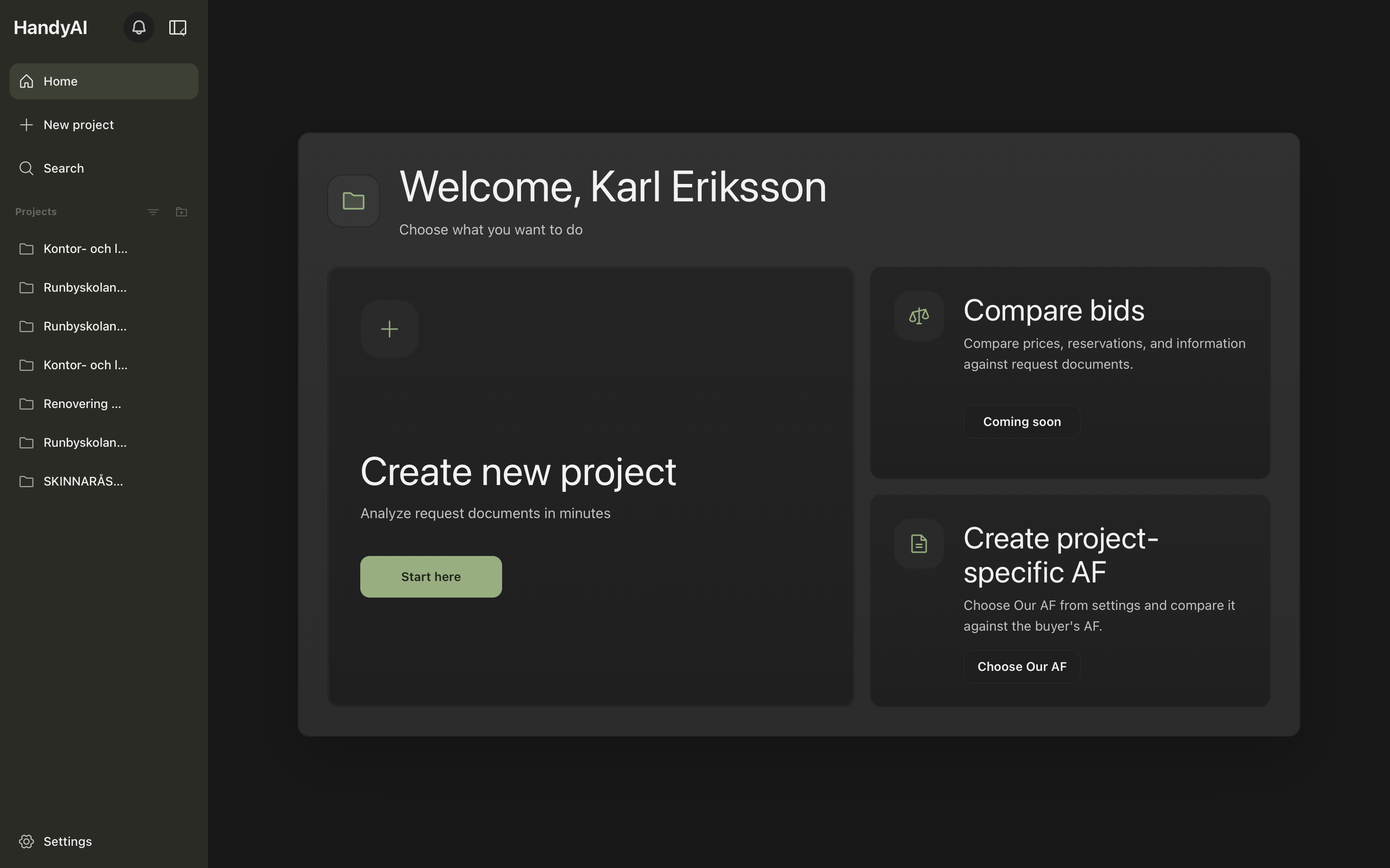 HandyAI project dashboard, an example of the VEXAI platform under a partner brand